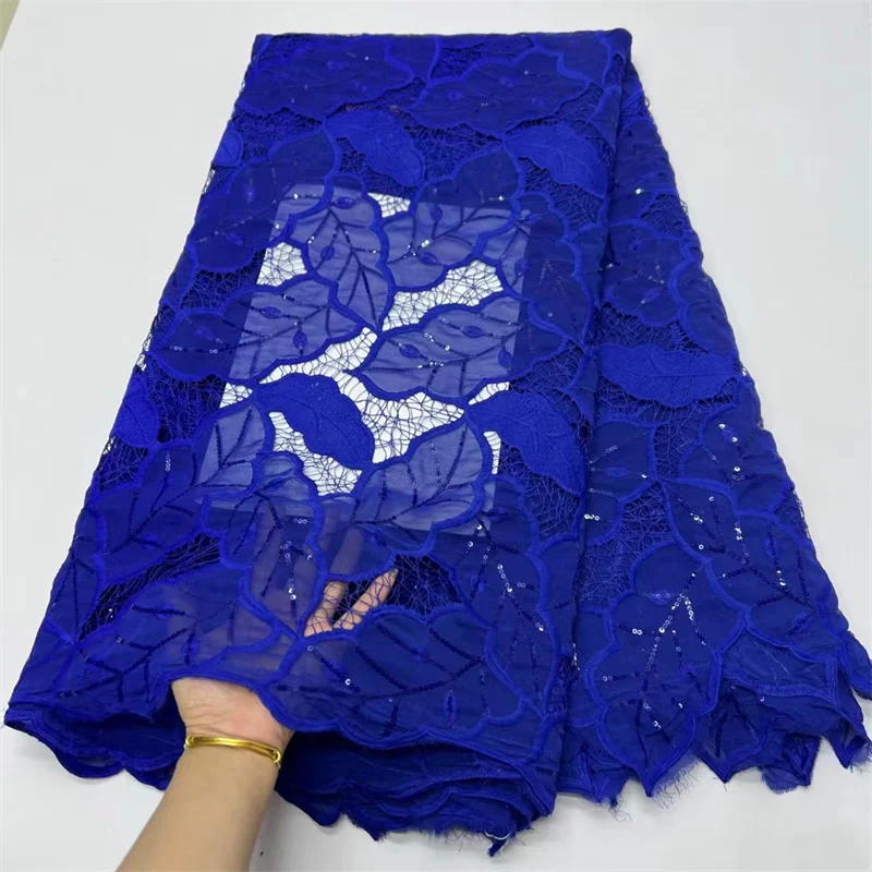 African Lace Fabric High Quality French Net Sequins Sew Embroidery Mesh Nigeria Lace Fabric For Woman\'s Dress Royal Blue 5 Yards