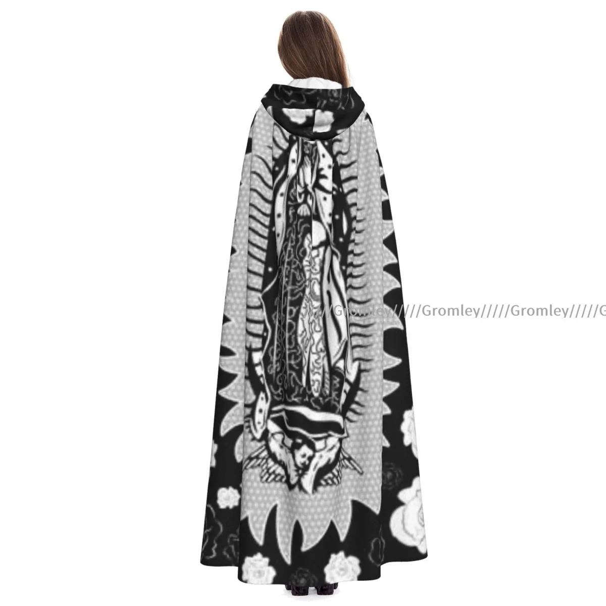 Unisex Halloween Cloak Virgin Of Guadalupe Vintage Black Cape Hooded Medieval Costume Witch Wicca Vampire