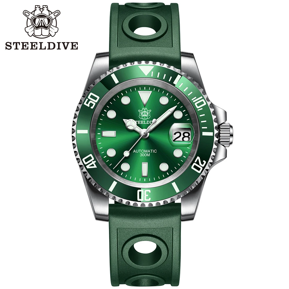 STEELDIVE SD1953 Zwarte Wijzerplaat Groene Keramische Bezel NH35 Automatisch Horloge 300M Waterdicht Saffierglas Mannen Duikhorloges