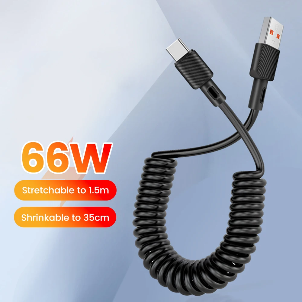 66W Car Spring Telescopic USB Type C Cable Fast Charging Portable Type C to Type C Data Cord for iPhone 15 16 Pro Huawei Phone