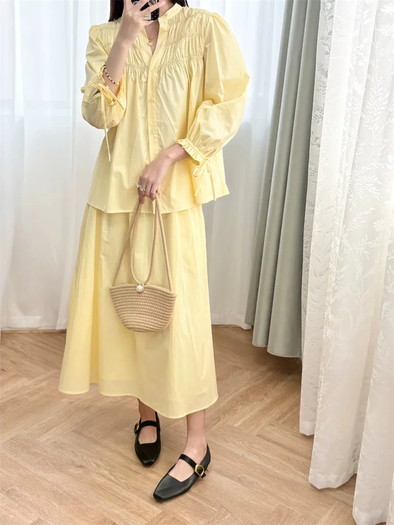 Summer New Fashion Women Solid Color Halter Neck Pleated Tank Top or Drawstring Waist Midi Skirt V-Neck Yellow Shirt