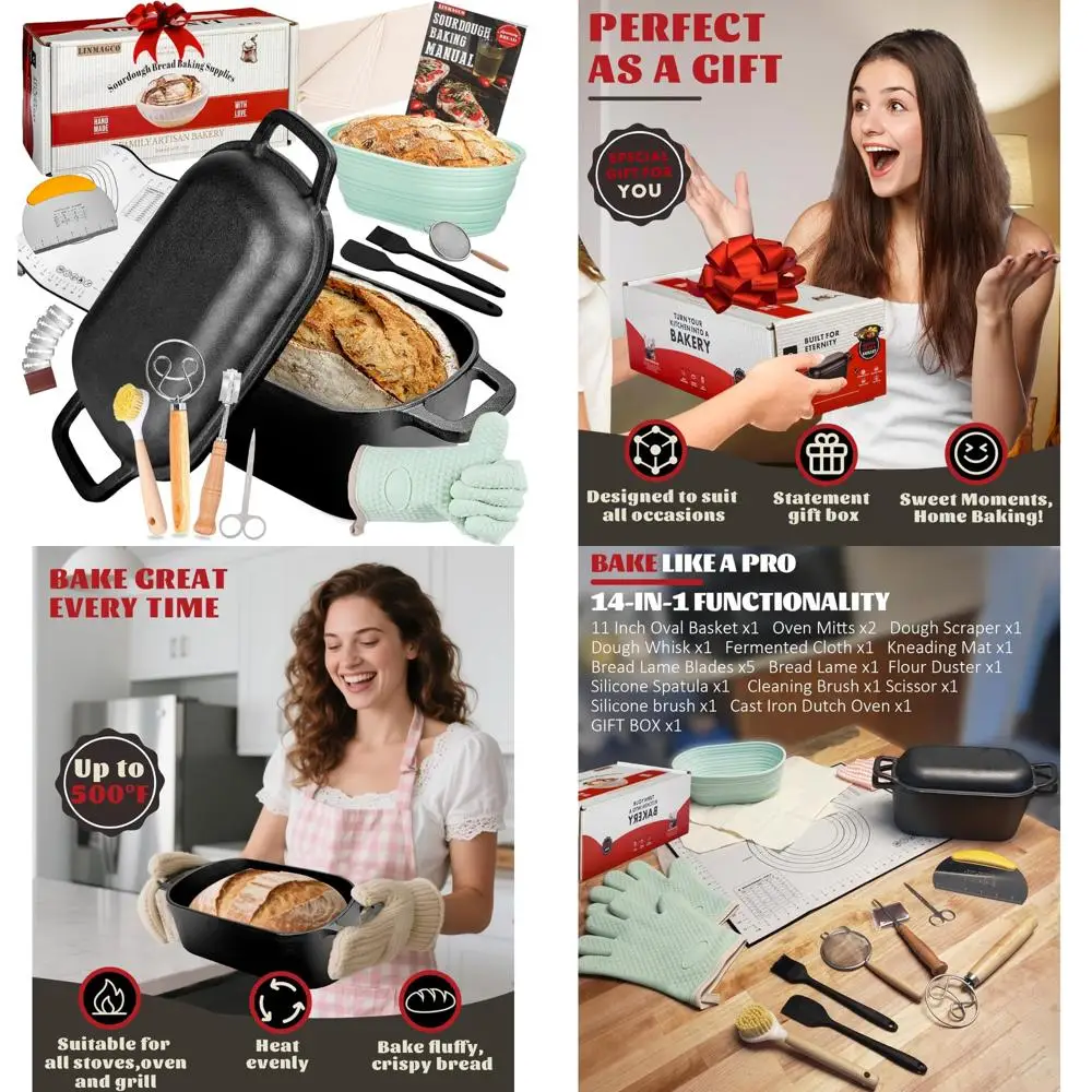 

Oval Cast Iron Dutch Oven for Bread Baking - 3.6 Quart Pot with Lid and Sourdough Starter Kit Accessories