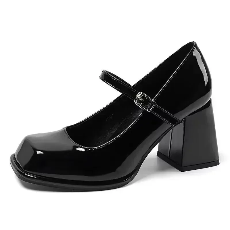 

High Heels Women 2024 New Black Square Head Mary Jane Shoes Chunky Heel One-line Buckle Women's Shoes