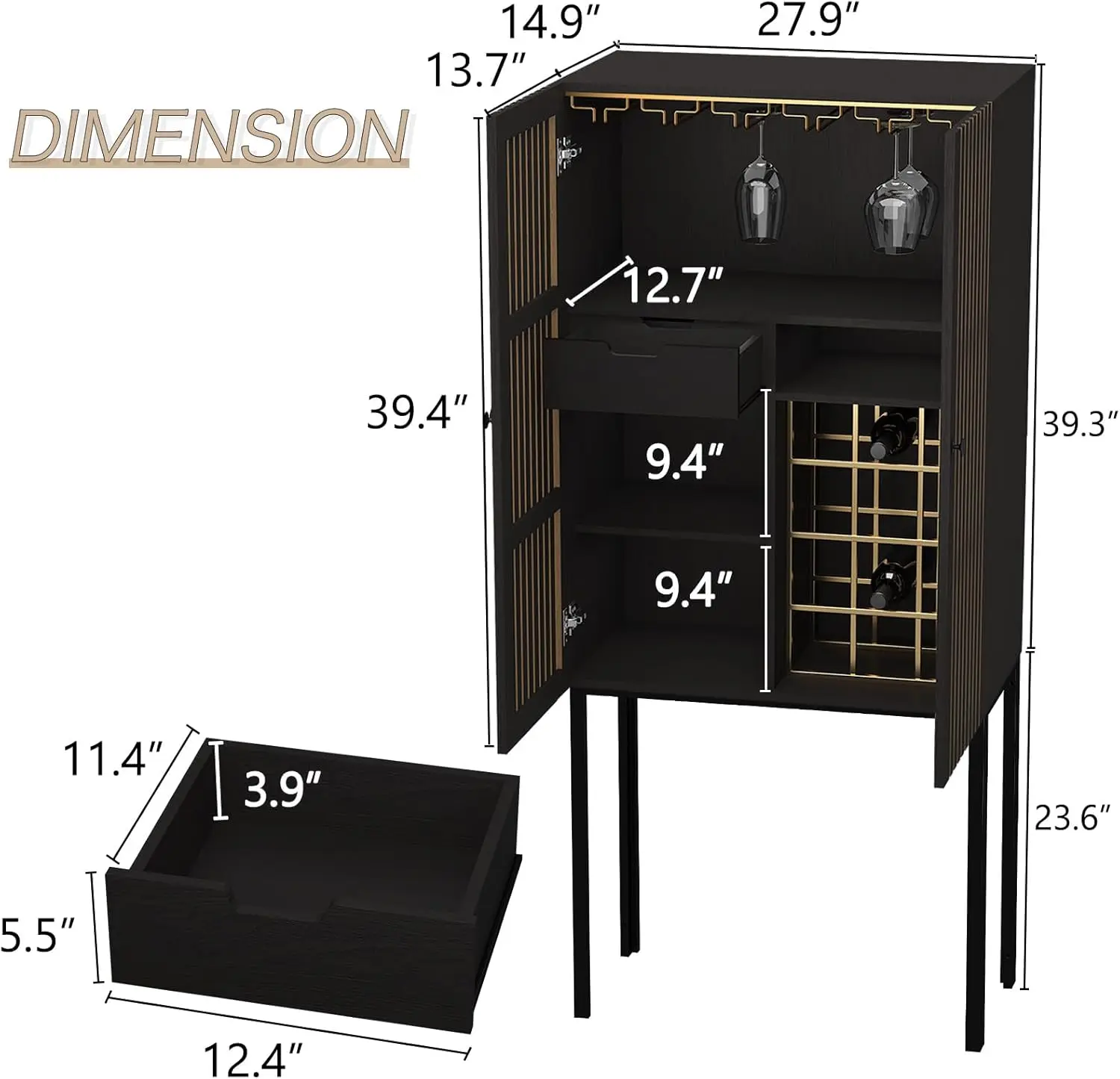 Artpower Wine Bar Cabinet With Tall Legs, Liquor Cabinet With Removable Wine Racks, Kitchen Pantry Storage Cabinet For Dining