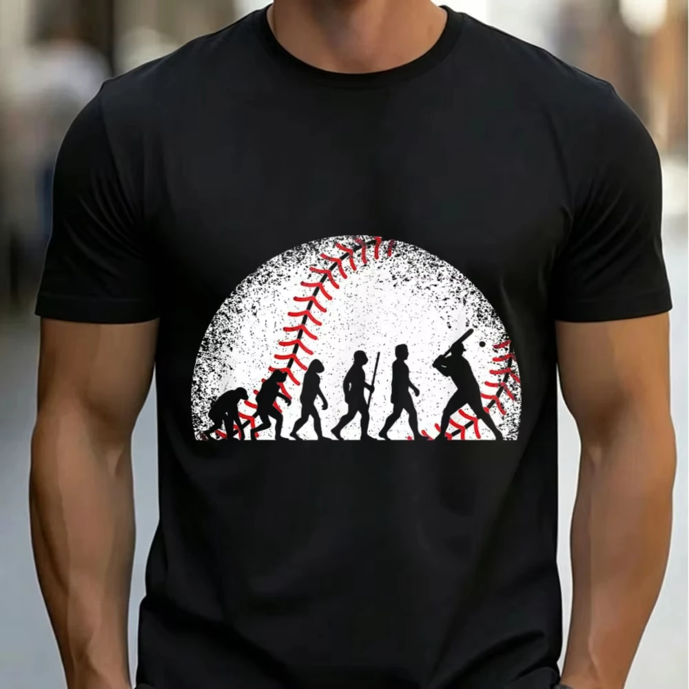 T-shirt unisexe en coton avec motif graphique de silhouette de joueur de baseball au style vintage usé, inspiré de l'évolution humaine, idéal pour les fans de sport et pour un usage quotidien.