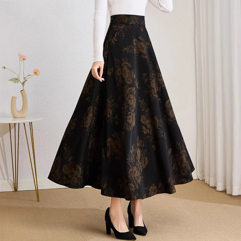 New Women Autumn Thick Floral Skirt Fashion Stretch High Waist A-Line Print Long Skirt Elegant Vintage Basic Skirt Female