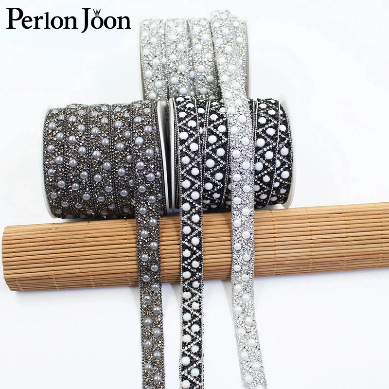 1 stocznia 1,5 cm Pearl Style Rhinestone Trim Hot Fix Crystal Tape DIY Ribbon Ironing on Clothing Bags Accessories Decoration TR157