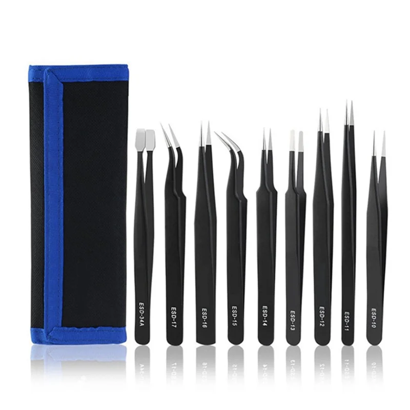 9-Piece Set Elbow Pointed Flat Head Precision Stainless Steel Tweezers Tweezer Combination Suit Easy Carrying-ABGL