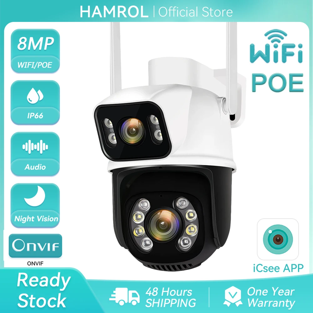8MP 4K Dual Lens PTZ Camera POE WiFi Dual Screen Outdoor H.265 Night Vision Human Detect Two Way Audio Surveillance ICsee App