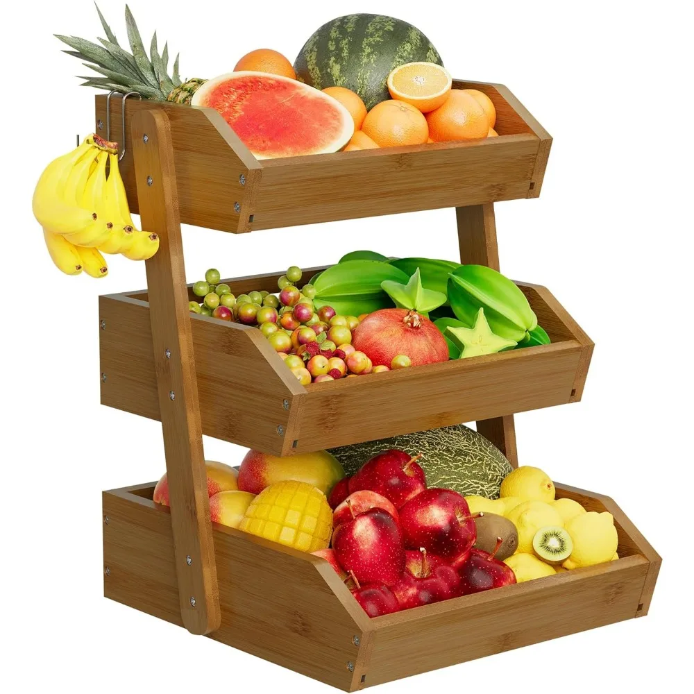 

3-Tier Bamboo Fruit Basket with Banana Hooks, Large Capacity Kitchen Countertop Organizer