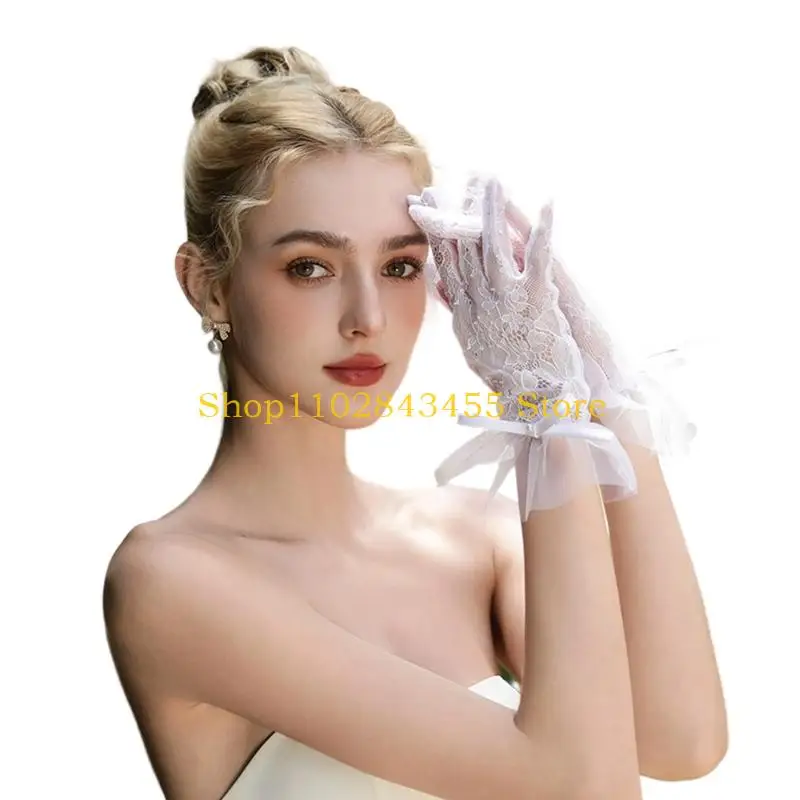 49MC White Gloves for Women and Girls in Theme Party Comfortable to Wear Elastic Nightclub Stretchy Lace Gloves