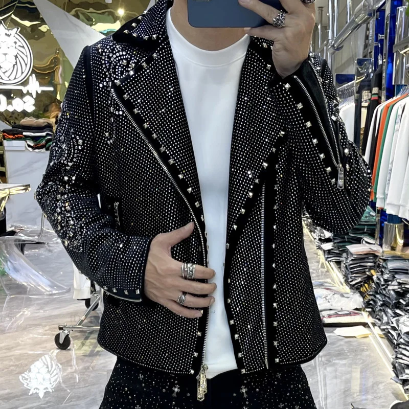 

2023European Station Autumn Fashion Men's Motorcycle Jacket Men's Fashion Trend Stars Hot Drilling Men's Jacket Top Men