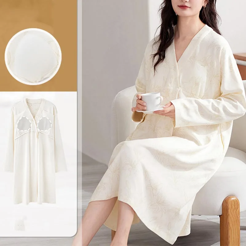 Maternity House Dresses Cotton Nursing Dress with Chest Pad Maternity Nightgown Sleepwear for Breastfeeding Maternity Dress