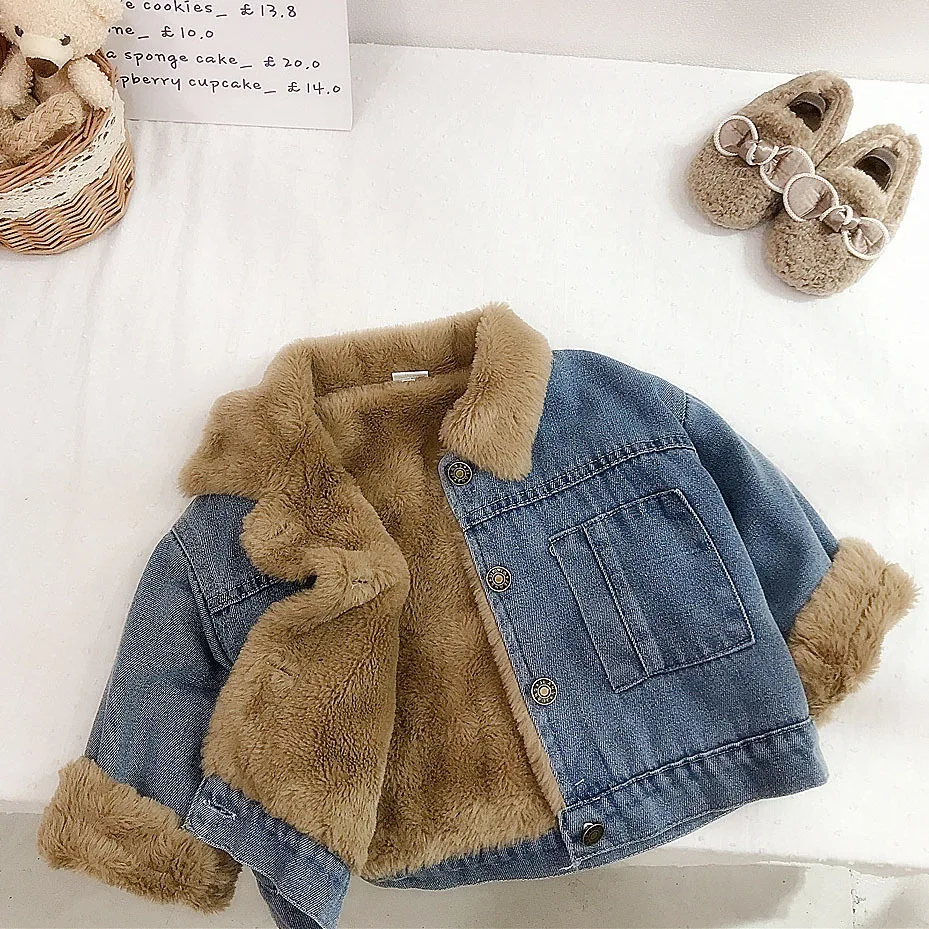 

Fashion Fleece Denim Coat For Children 2023 Cardigan Button Fur Collar Cotton Jacket Baby Boy Warm Thicken Clothes Autumn Winter