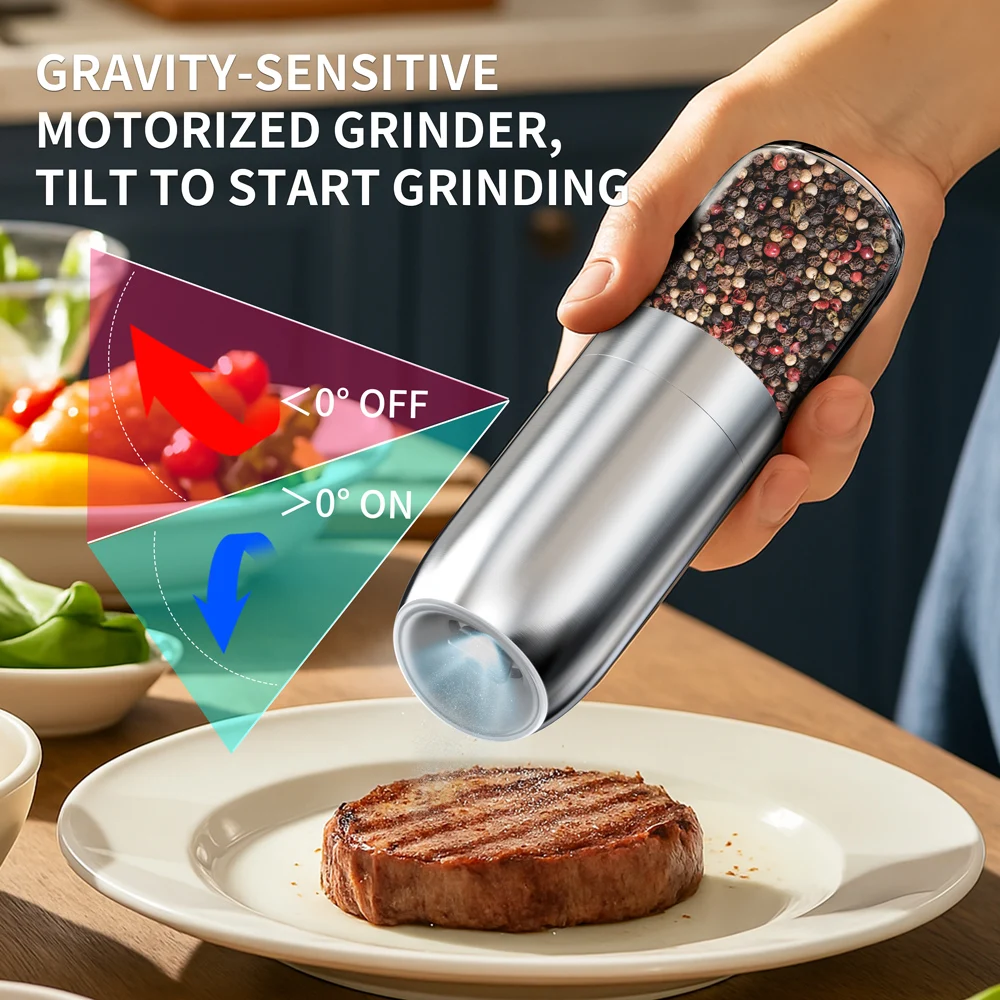 176 مللي مطحنة فلفل كهربائية بمستشعر الجاذبية من الفولاذ المقاوم للصدأ مطحنة ملح وفلفل أوتوماتيكية أدوات مطحنة خشونة قابلة للتعديل