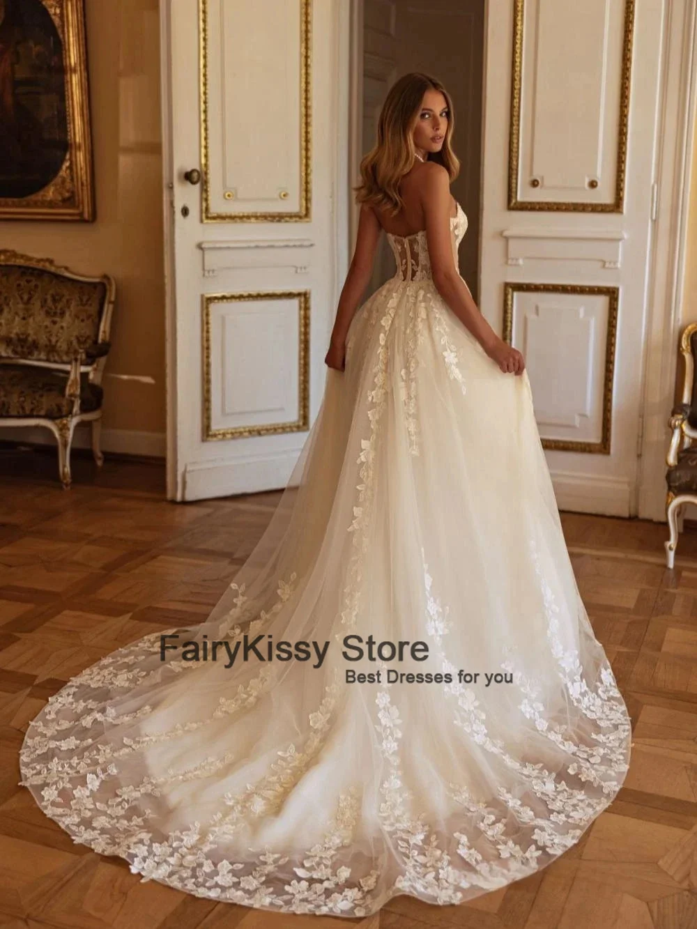 ชุดแต่งงาน FairyKissy รุ่นคลาสสิค ทรงสวีทฮาร์ท เซ็กซี่ แขนกุด เปิดหลัง ประดับลูกไม้ ทรงเอไลน์ ชุดเจ้าสาว Vestidos De Novia