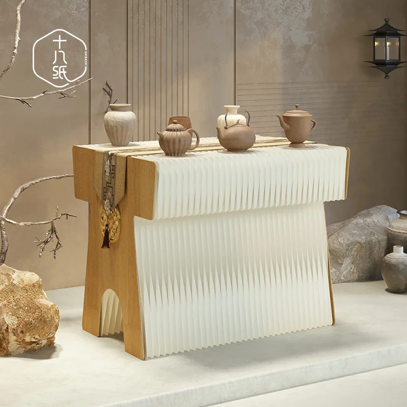 Paper strip display table Square display stand New Chinese classical foldable retractable tea set porcelain table