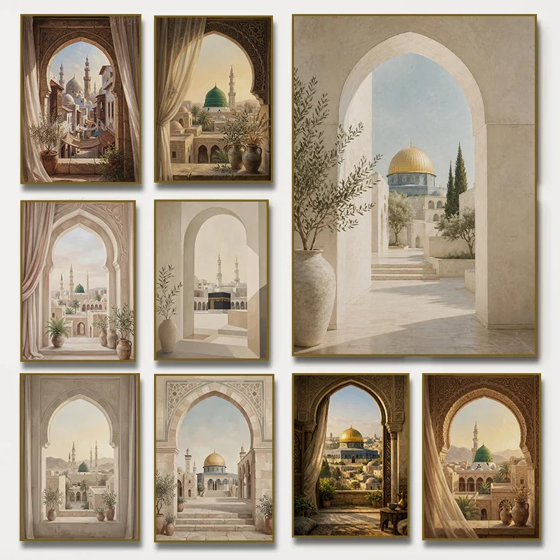(No frame)Archway View Kaaba  Al Masjid An Nabawi Islamic Poster Makkah Mosque Al Aqsa Golden Dome Canvas Painting Print Room