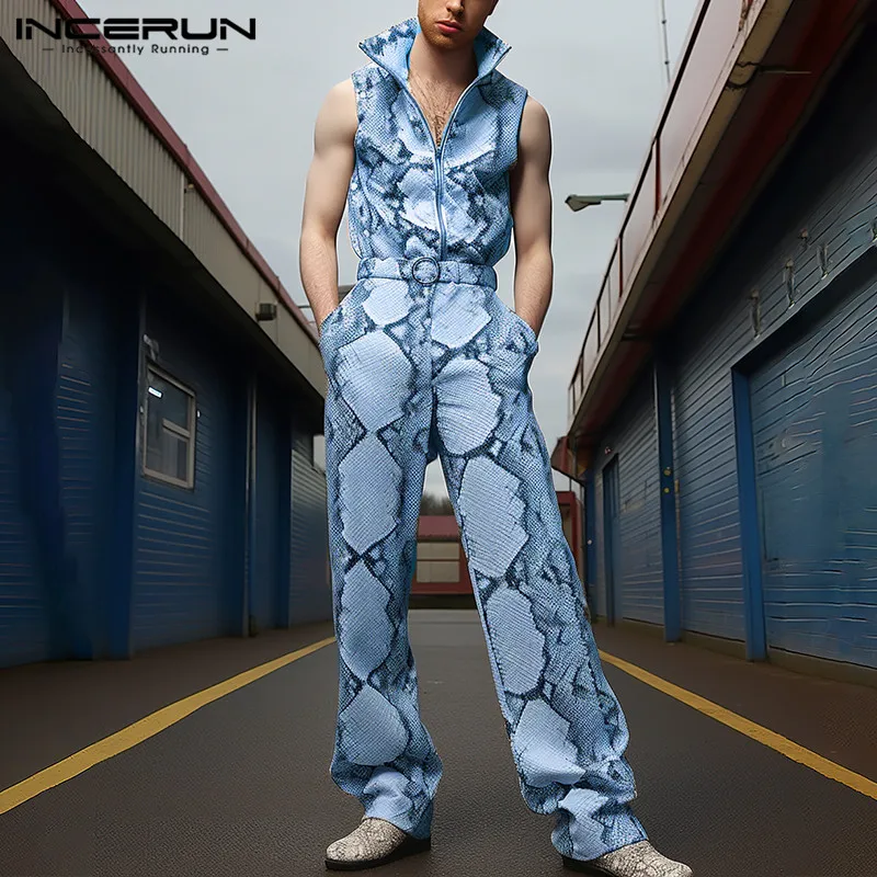 2024 Men Jumpsuits Printing Lapel Sleeveless Zipper Fashion Casual Male Rompers Streetwear Men Overalls With Belt S-5XL INCERUN