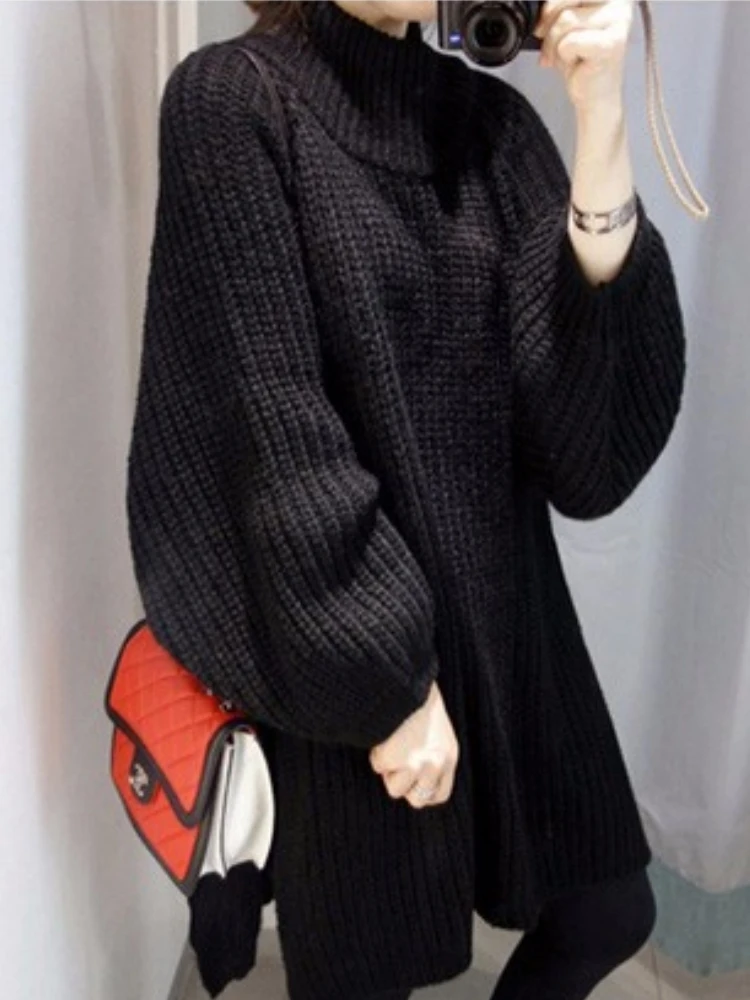 Suéter largo y grueso para mujer, jerseys de cuello alto Medio con abertura lateral y manga farol, de gran tamaño, Otoño e Invierno