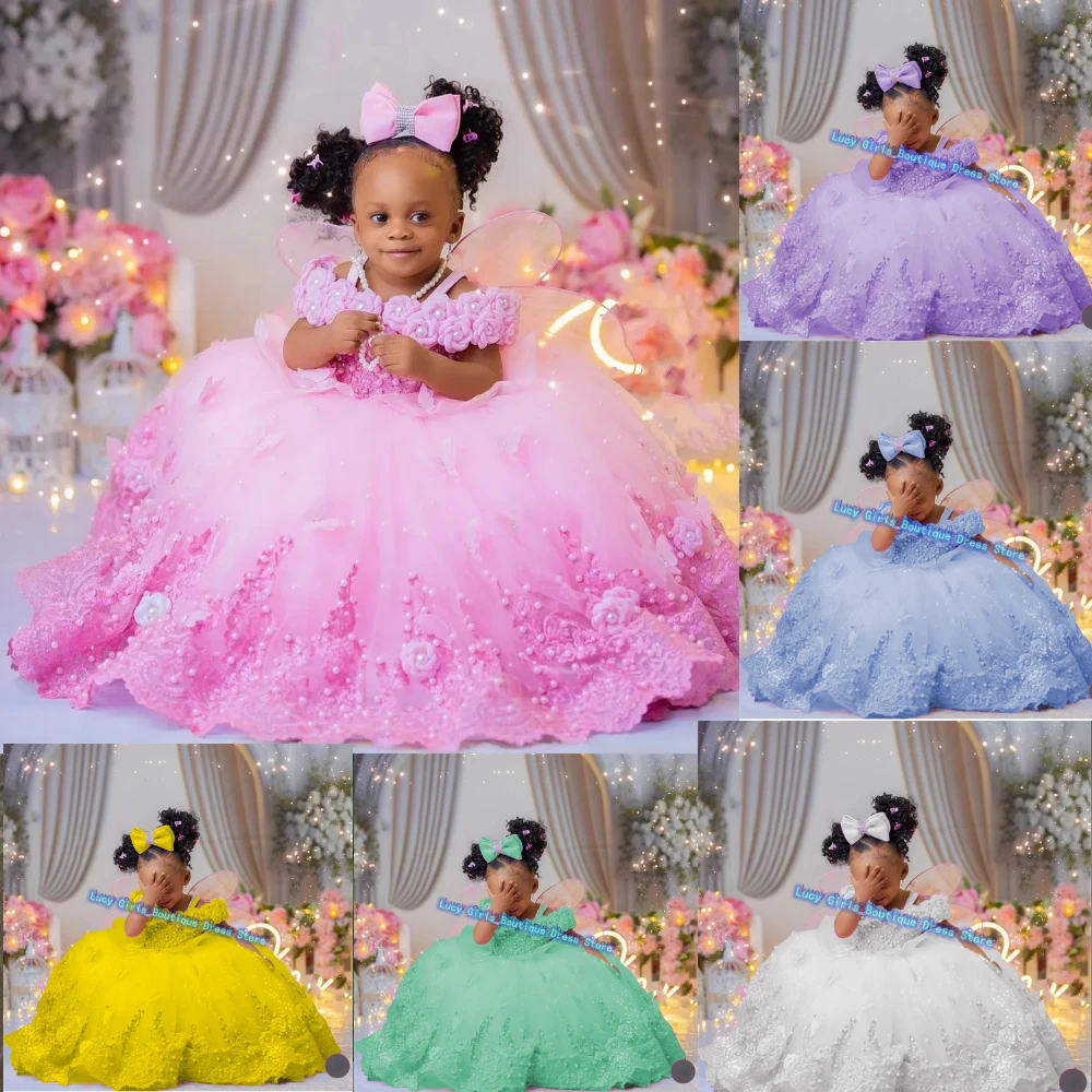 

Customized Color Lovely Princess Flower Girl Dress Pearls Lace Ball Gown Little Baby Girls Birthday Party Communion Gowns