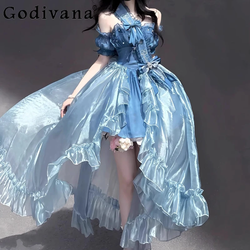 Элегантное длинное платье в стиле Лолиты для девочек, повседневная одежда, карнавальное вечернее платье с рукавами, комплект женского платья принцессы с большим бантом