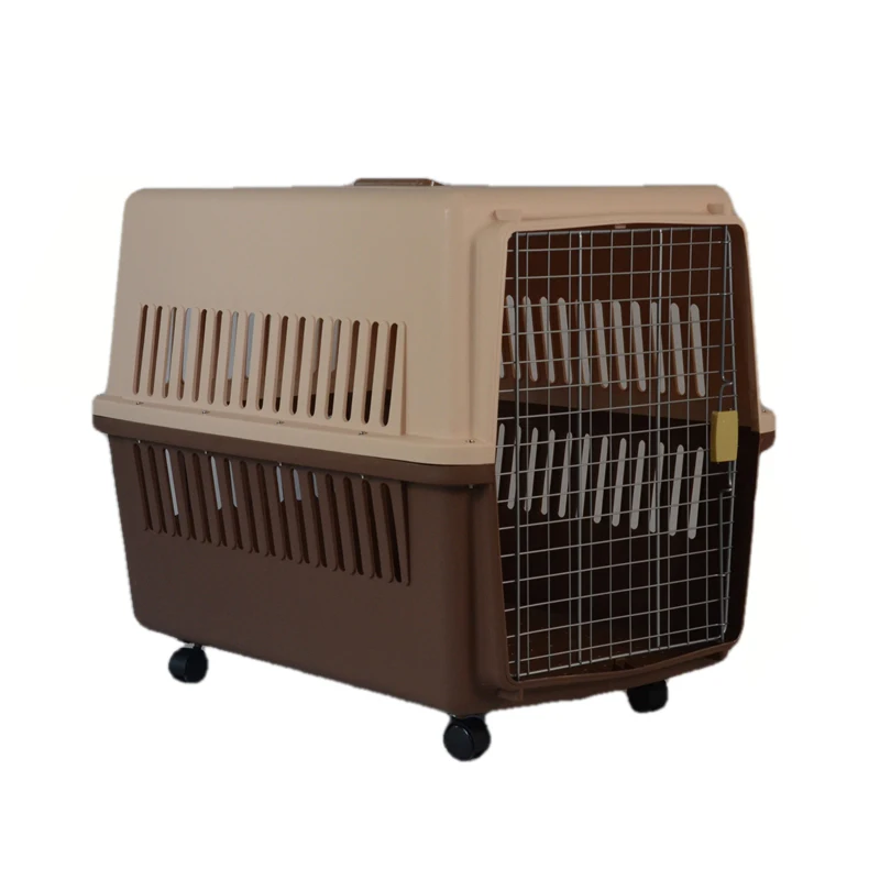 

Brown pet carrier on wheels, an environmentally friendly plastic pet carrier suitable for air transport