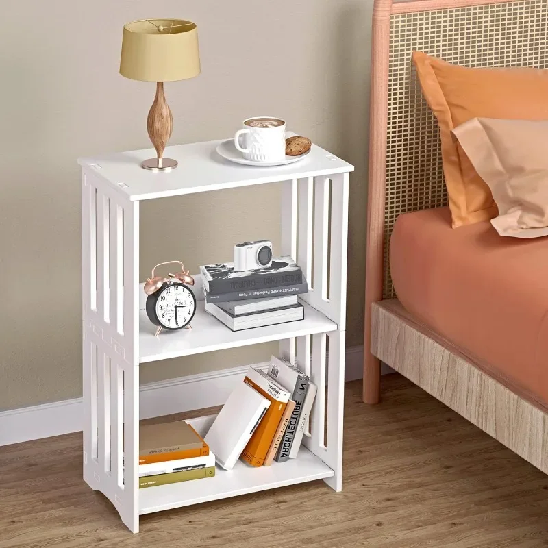 3 Level Nightstand White, Narrow Side Table with Storage Shelf, Small Bookshelf Nightstand