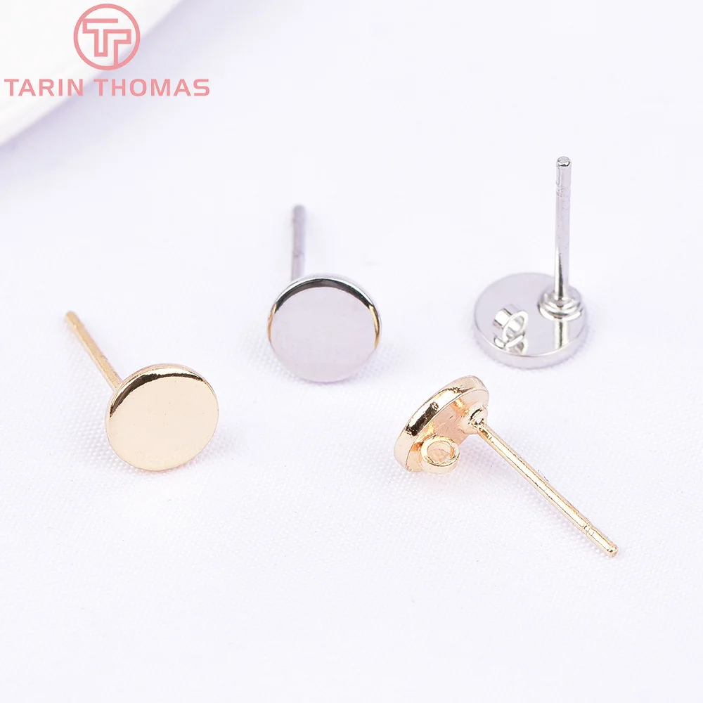 (2198) 10PCS 6x6MM 24K Gold Color Brass With Hooks Hole Round Stud Earrings Pins High Quality Jewellery Accessories