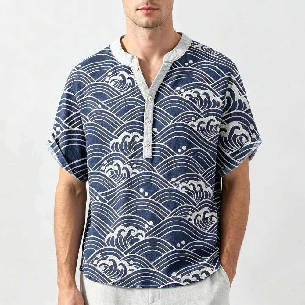 Men Cotton Henley Collar Short Sleeve Shirt Oriental Japanese Crane Wave Dragon Print Loose Blouse Beach Daily Casual Party Wear