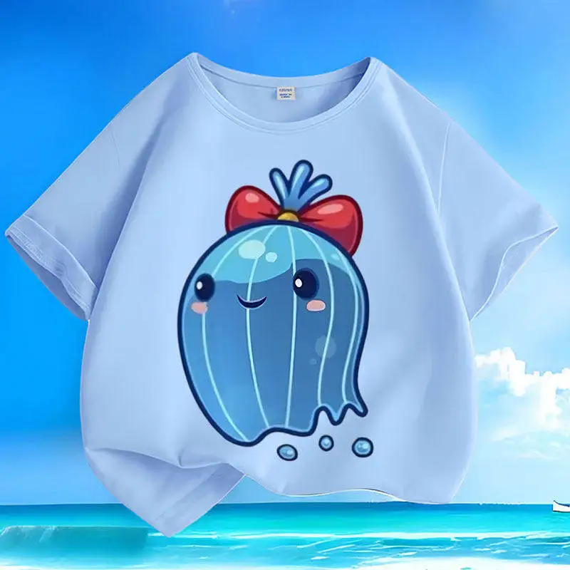 Cartoon Little Whale Baby Pure Cotton Summer New Short Sleeved Small and Mediumchildren's Round Neck Parent-child Top Trend