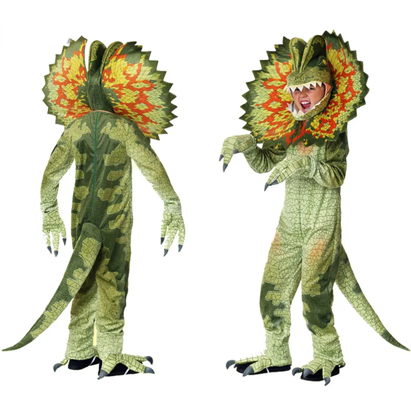 Kids Dilophosaurus Halloween Cosplay Costume Dinosaur Hat Jumpsuit Glove Foot Cover Party Clothes For Boys Girls