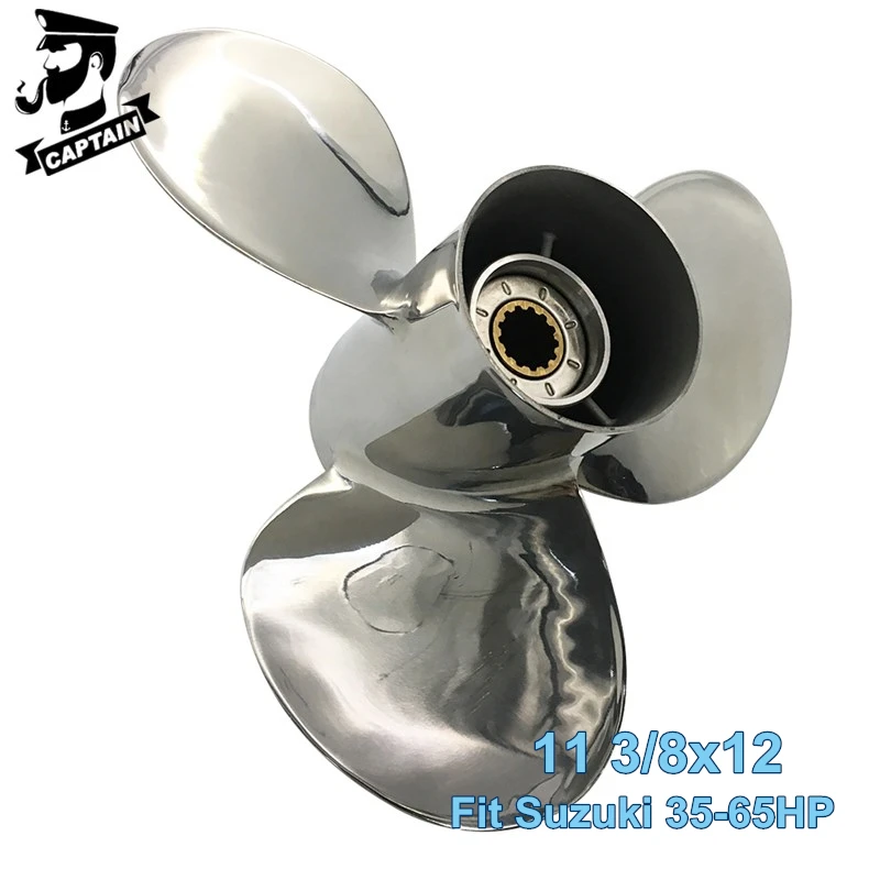 Captain Stainless Steel Boat Propeller 11 3/8X12 Fit Suzuki Outboard Engines DT35C DT40 DF40 DF50 55HP 13 Tooth Spline 3 Blades