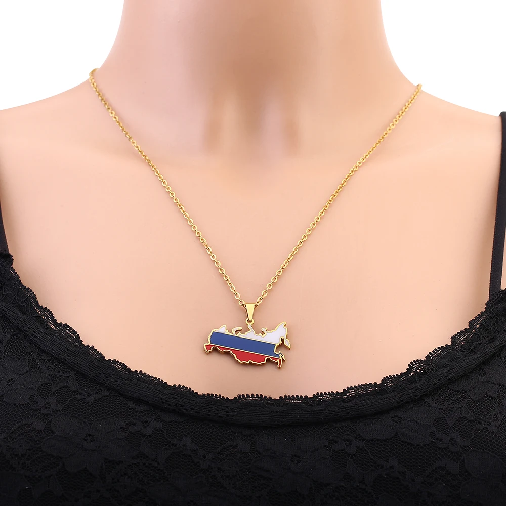 Russian Federation Russia Map Flag Pendant Necklace Stainless Steel Men Women Россия Country Map Jewelry Gift
