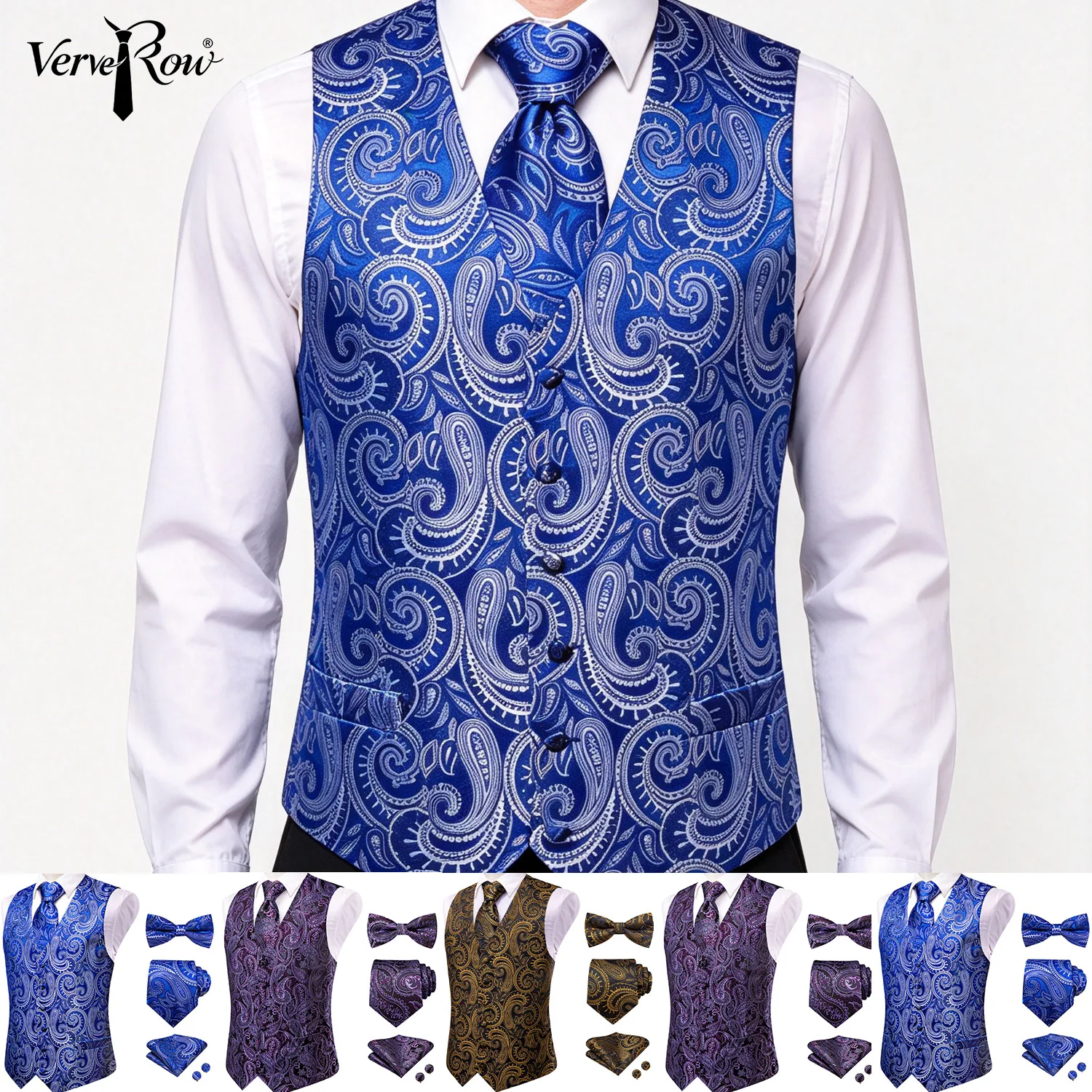VerveRow Men Blue Silver Paisley Waistcoat 5Pcs Set Vest+Necktie+Bow Tie+Pocket Square+Cufflinks, Black Gold/Blue/Purple/Bronze