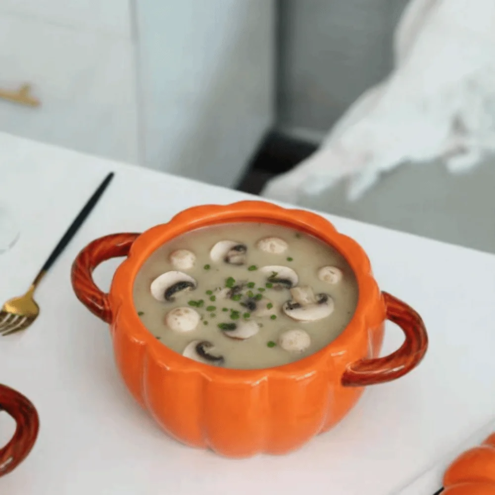 Ceramic Halloween Pumpkin Bowl with Lid Glazed Surface Instant Noodle Bowl Double Ear Handle Non-slip Bottom Pumpkin Casserole