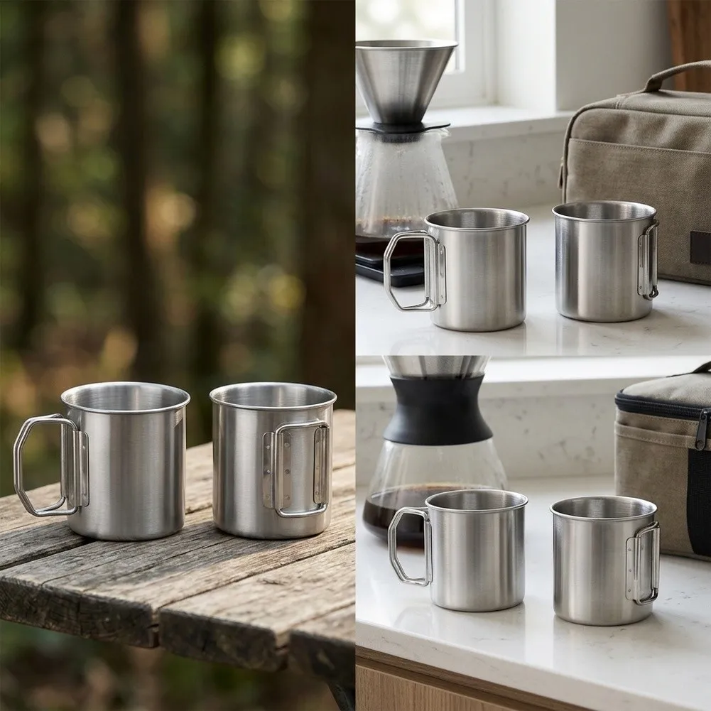 4 Pack Rust Resistant Stainless Steel Mugs Featuring Collapsible Side Handles for Camping Travel and Routine Drinking