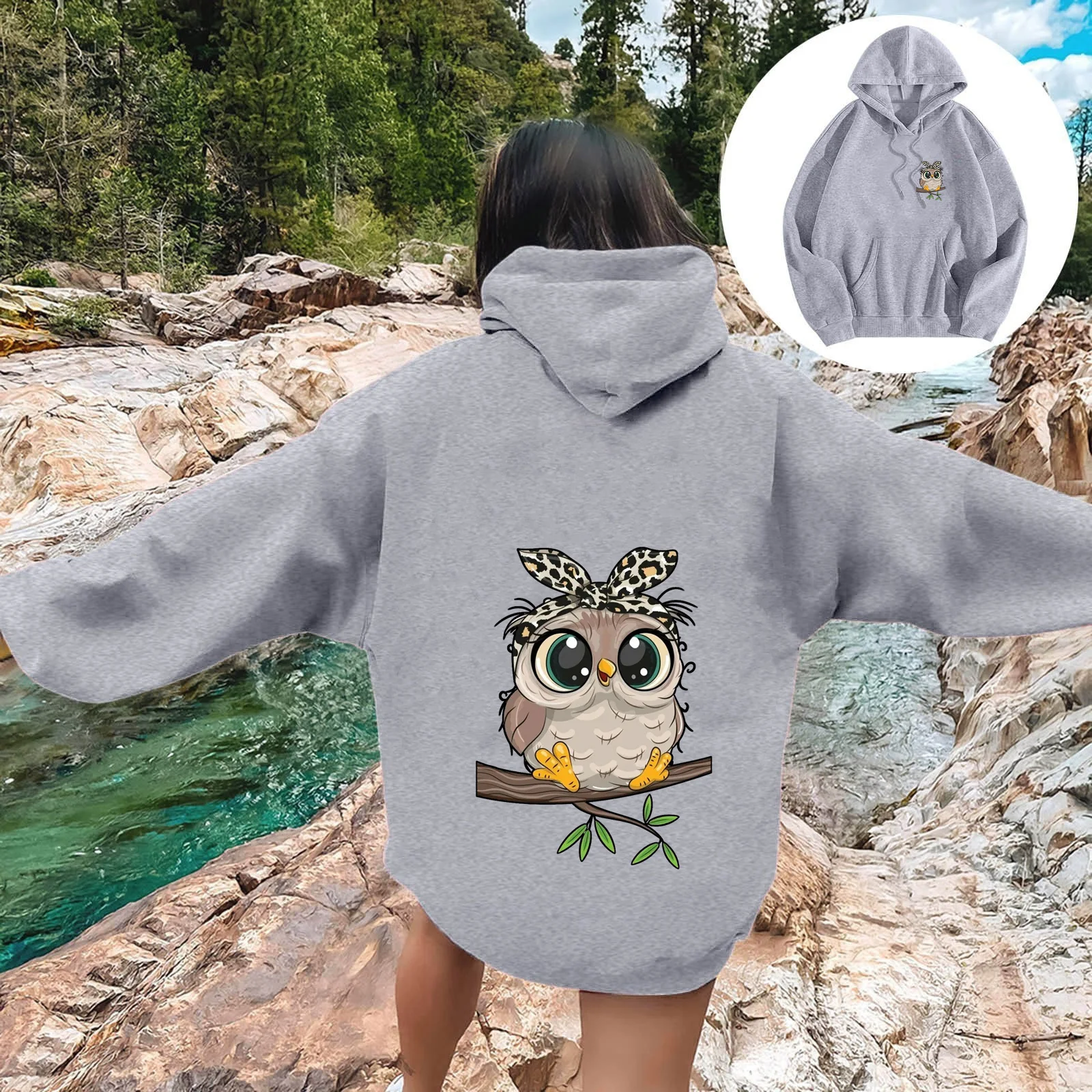 Women's fashion cute cartoon street sportswear Korean round neck long sleeved oversized hooded sweatshirt