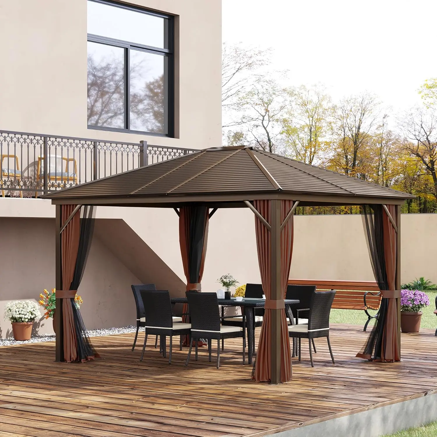 

Outsunny 10' x 12' Hardtop Gazebo with Curtains and Netting, Permanent Pavilion Metal Single Roof Gazebo Canopy Frame and Hooks