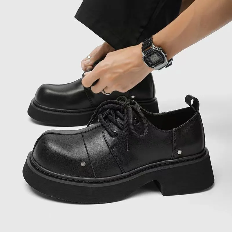 2026 Men's Punk Style Big Toe Cap Shoes Matte Cos Heightening Derby Shoes Men's Big Head Casual Leather Shoes