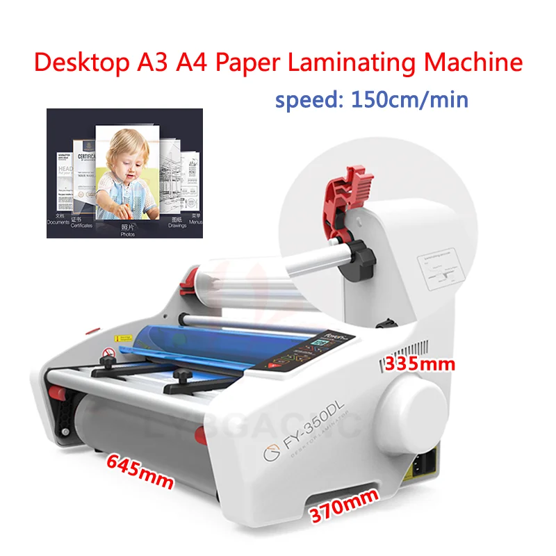 Máquina de laminación de papel A3 A4, laminador de rollo en caliente y frío, cuatro rodillos, tarjeta de trabajo, laminador de archivos de oficina, 350DL, 110V, 220V