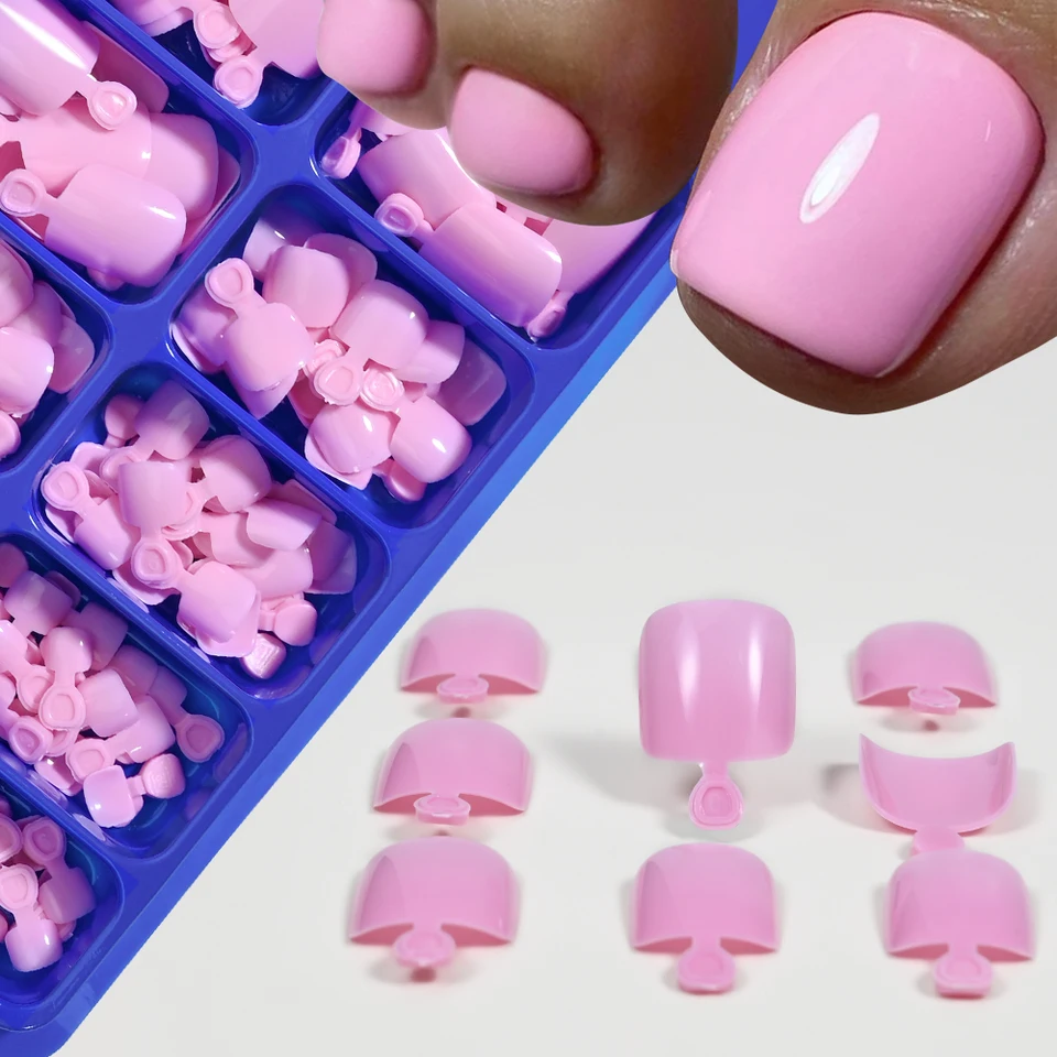 100/120 Uñas Postizas para Pies Francesas Cortas Cuadradas, Cobertura Completa, Acrílicas Rosadas Claras y Blancas, Prensadas para Mujer 3