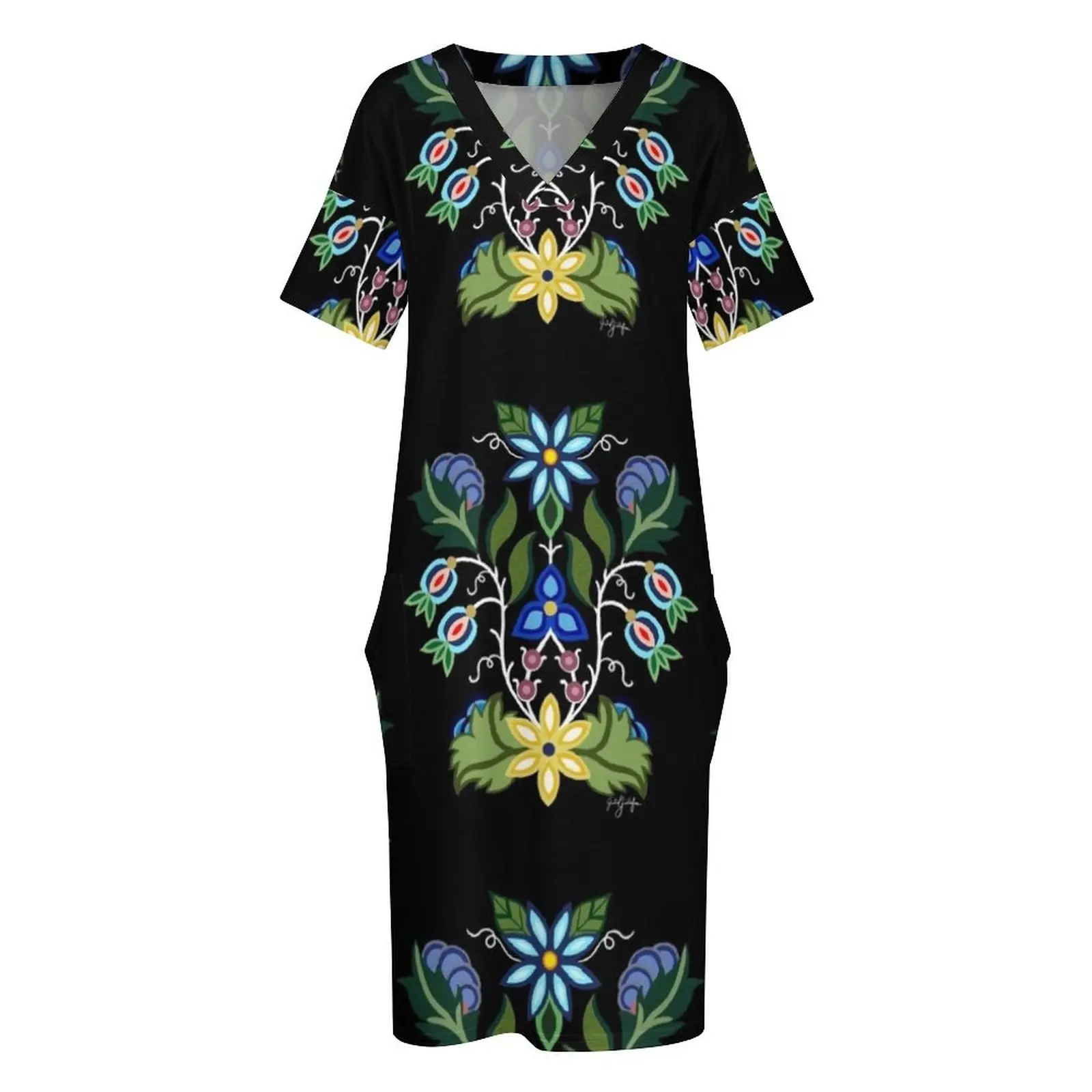 Ojibwe 꽃 무늬 루즈 포켓 드레스 여성 이브닝 드레스 여성 의류 2025 새로운 도착