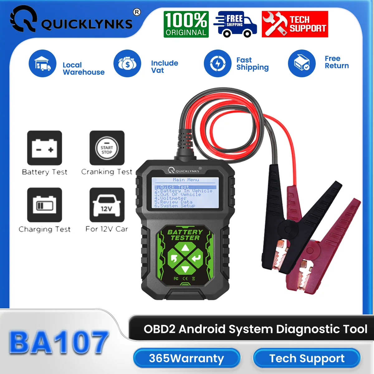 QUICKLYNKS BA107 OBD2 Diagnostic Battery Tester For 12V 100-2000CCA Cranking Charging System Auto Batteries Analyzer Tools