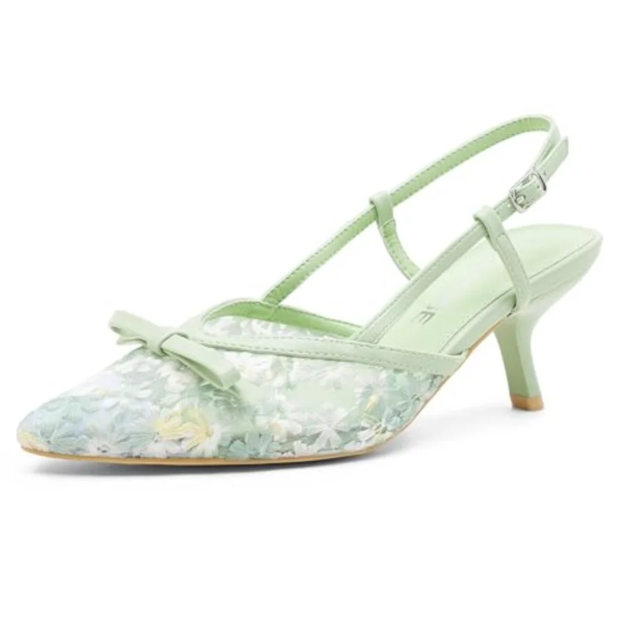 

Vepose Women's Slingback Kitten Heels, Approx 3 Inch Pointed Toe Elegant Floral Mesh Bow Pumps - Comfortable Dress Shoes for We