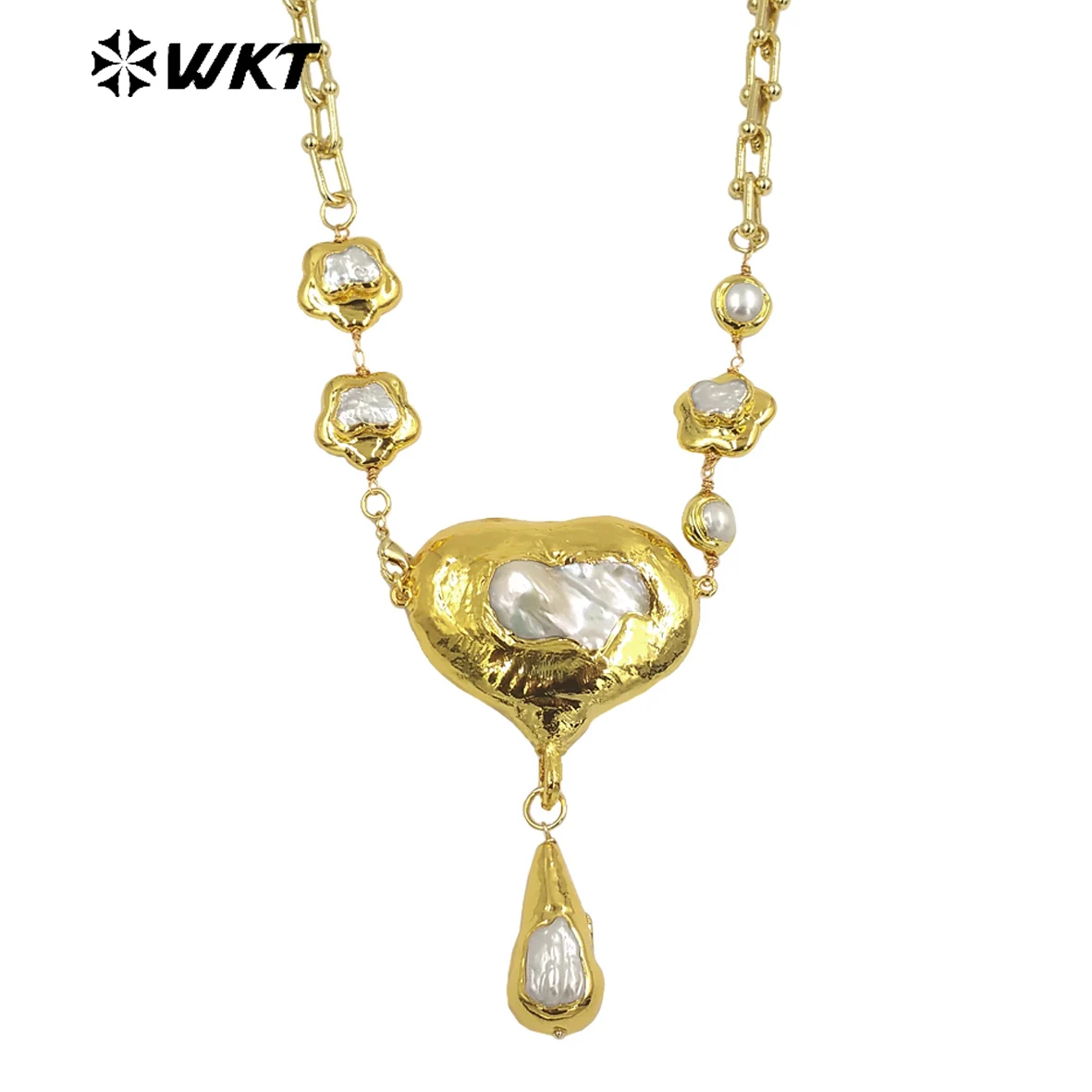 WT-JN241 Amazing Gorgeous Keshi Pearl beads necklace Precious 18k real gold plated Baroque Pearl pendant necklace