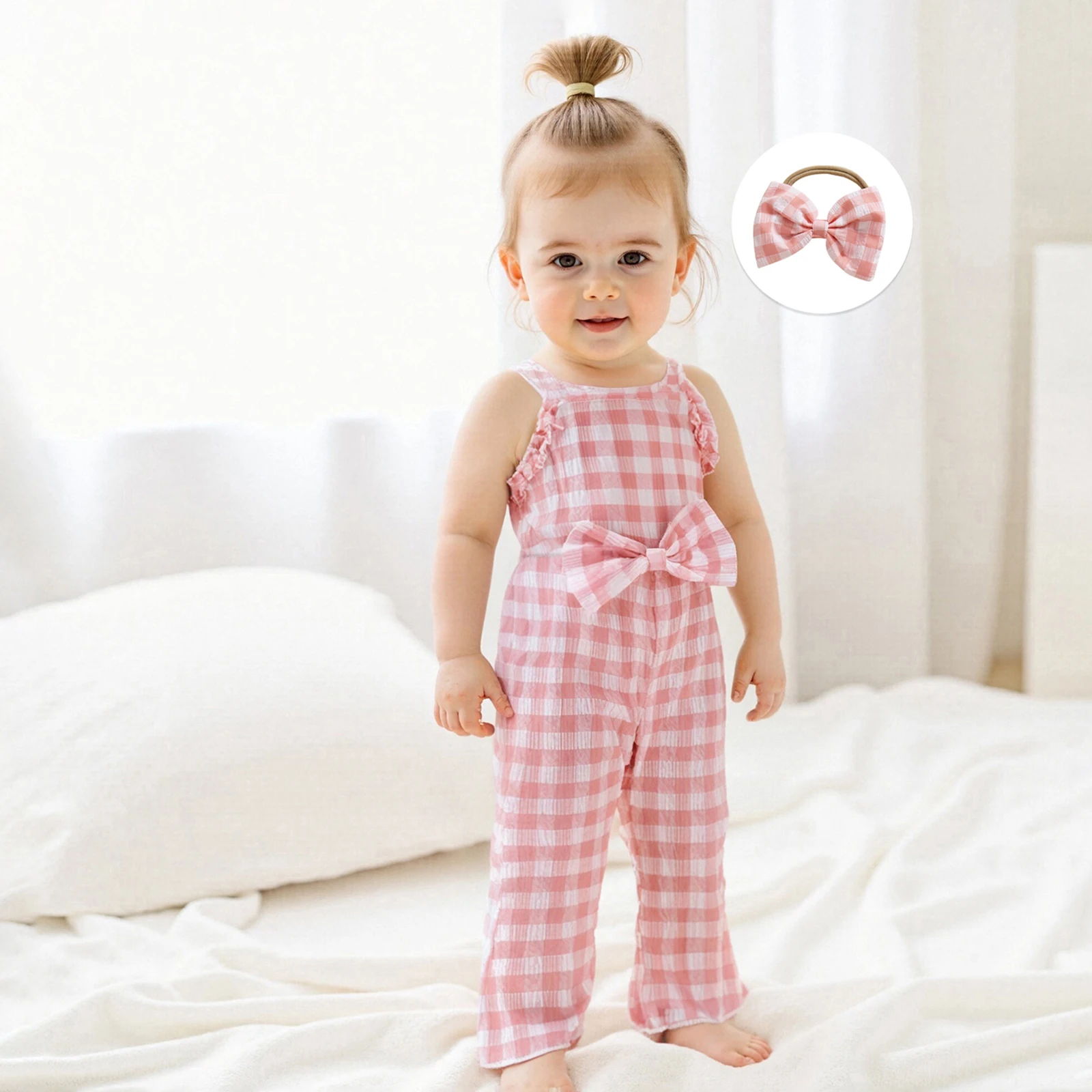 

0-4Y Baby Girls Flared Romper Casual Summer Plaid Print Sleeveless Jumpsuit and Headband Set Fashion Clothes Outfits