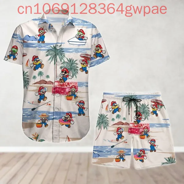 Super Mario Hawaiian Shirt Shorts Set Summer Men's Women's Casual Vacation Short Sleeve Beach Shirt and Shorts Two-Piece Set