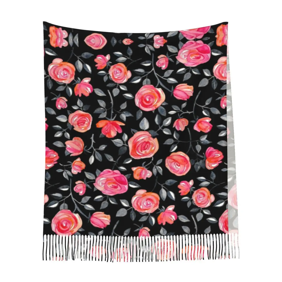 Rosas en negro, bufanda con estampado Floral de acuarela, bufandas con borlas para mujer, chal suave y cálido y envolturas, chal grande para Otoño e Invierno