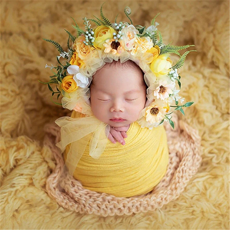 Newborn Photography Caps Accessories Baby Floral Bonnet Hat Photo Color Simulation Flower 3-12 Months Newborn Cap Photo Props